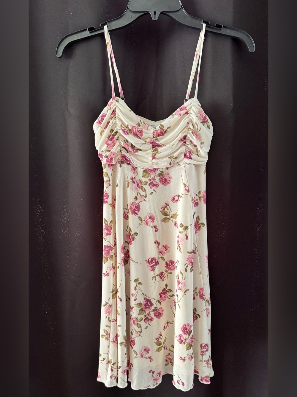 Cream Floral Spaghetti Strap Maxi Dress with Pink Roses